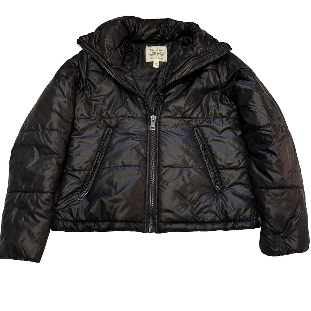 Marilyn & Me Black Puffer Jacket Size S Cropped adjustable cords at waist NEW